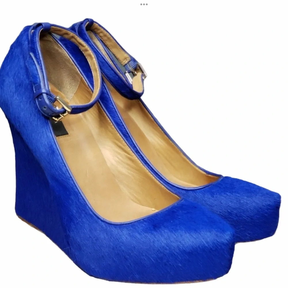 Ann Taylor cobalt blue-platform calf hair wedge heels with ankle buckle strap 7